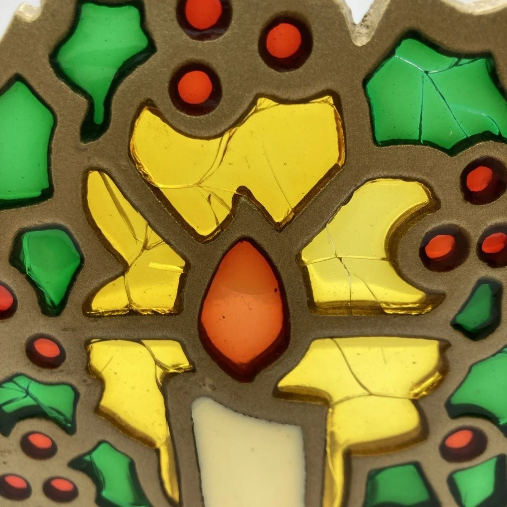 Vintage STAINED GLASS Cast Iron Wreath CANDLE HOLDER MCM 70s Christmas - Picture 6 of 11